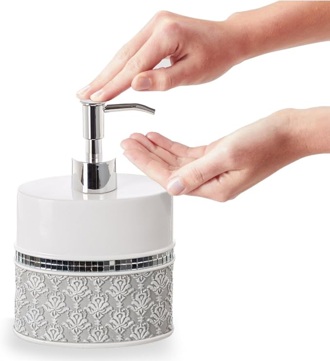 Creative Scents Mirror Damask White and Gray Bathroom Accessories Set - Image 6