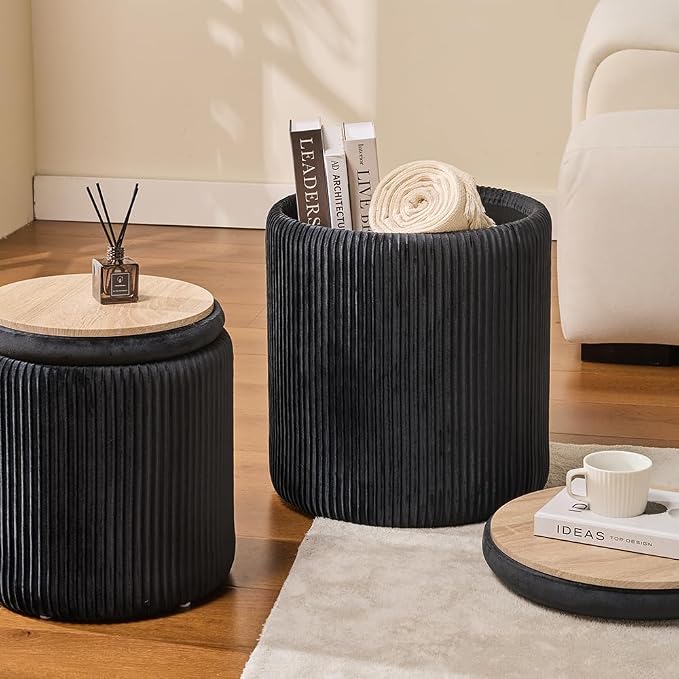Round Set of 2 Ottoman with Storage-Upholstered Velvet Vanity Stool - Image 6