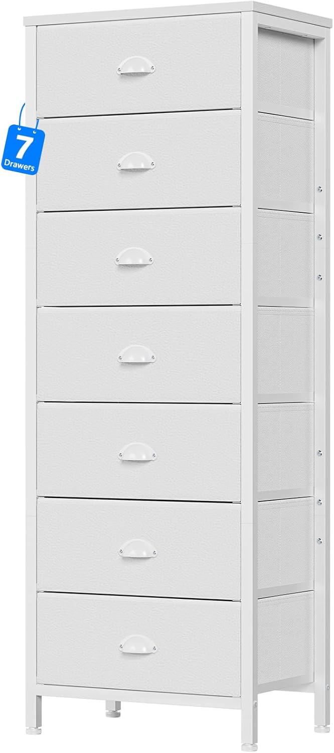 Furnulem White Tall Dresser for Bedroom, Chest of Drawer with Fabric Drawer