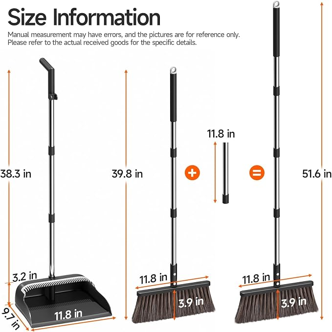 Broom and Dustpan Set for Home, Extra Brush Head & 51.6" Adjustable Long Handle - Image 8