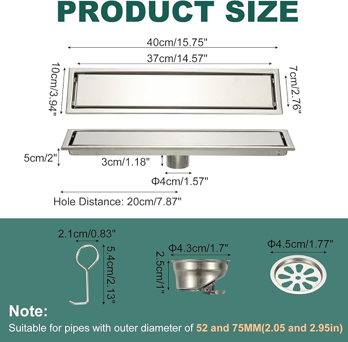 uxcell Rectangular Shower Drain, Brushed 304 Stainless Steel Odor-Proof Floor - Image 2