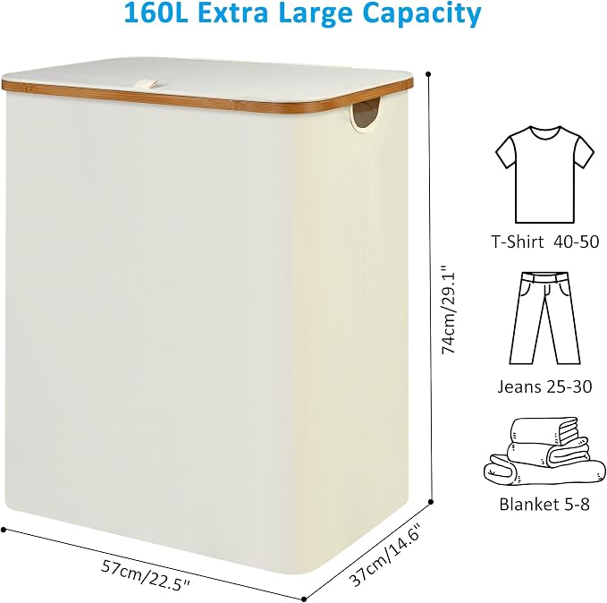 efluky Laundry Hamper with Lid, 160L Tall Laundry Basket with Bamboo Handles - Image 7