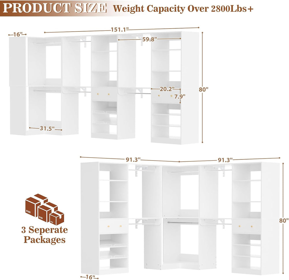 Armocity Closet System Set of 3 - Corner Closet Organizer System with 2 Drawe...