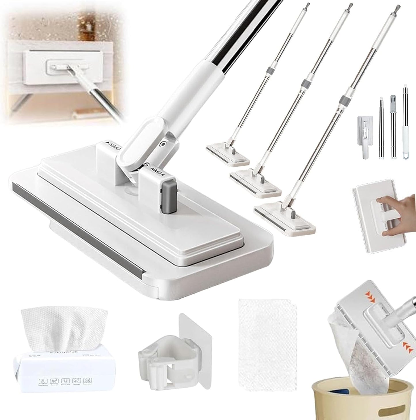 Hands Free Multi Purpose Flat Mop - Lazy Cleaning & Face Towel, Hands Free Flat Mop, Zero Touch Mini Grip Mops, Self-Locking Flats Compatible with Any Cloth, for Walls, Floors, Ceilings (43.31in)