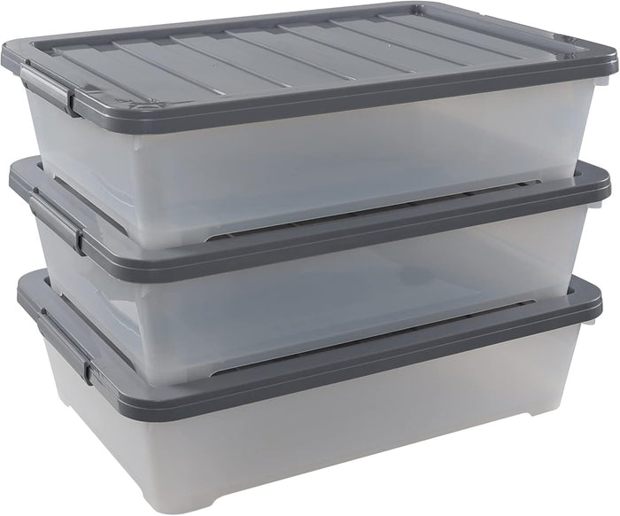 3-Pack 40 Qt Plastic Underbed Box with Wheels, Shallow Storage Bin