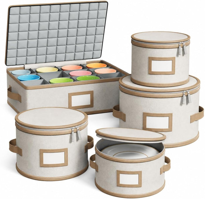 5 Piece Hard Shell China Storage Containers with Brown Leather Trim, Beige