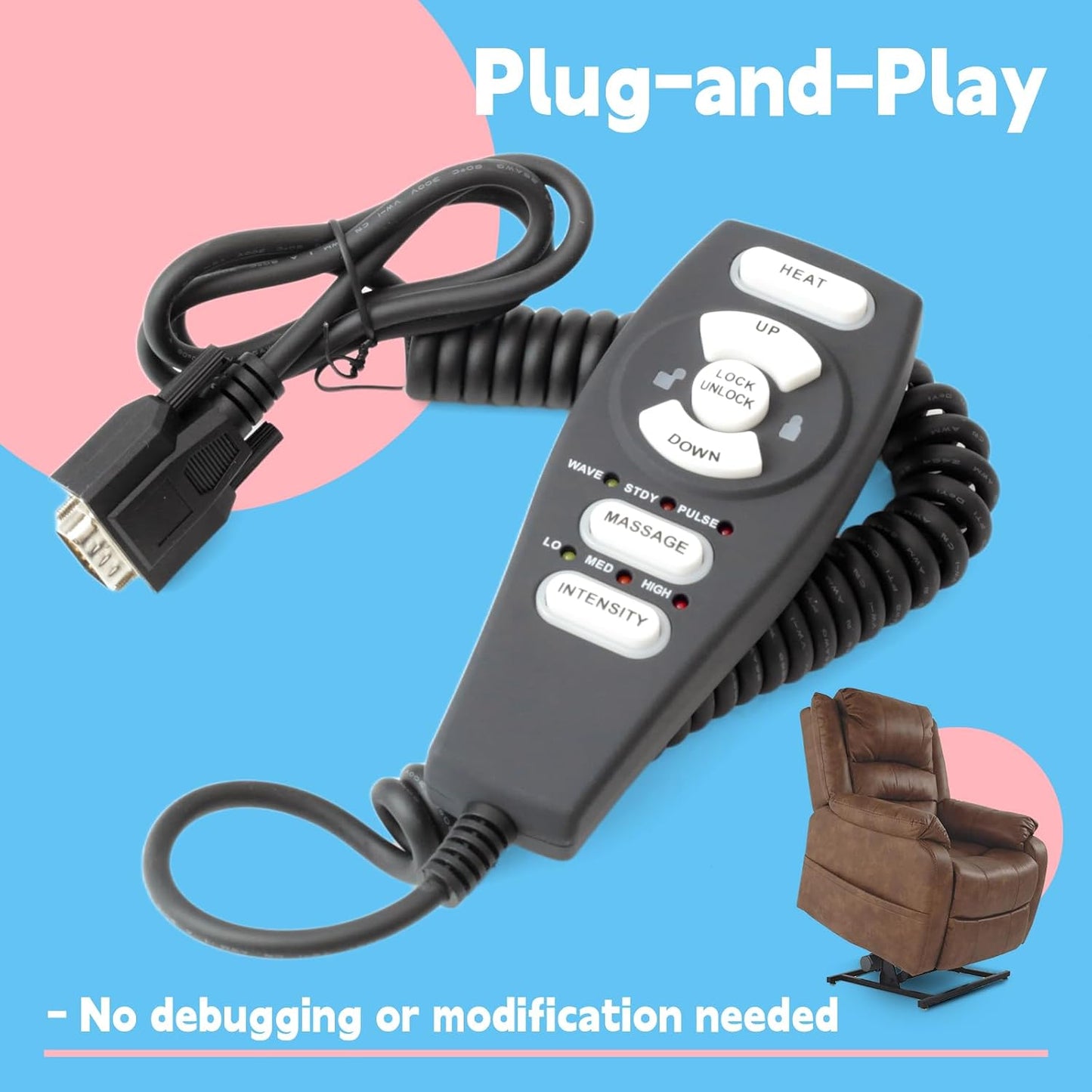 HC-2802 Lift Chair Hand Control Compatible with Raffel Systems, Replace HC-2802-HM3 HC-2802-FR3 HC-2802HL-PR3 HC-2802-GT3 7051-3 9-Pin 6 Button Black Heat Massage Recliner Parts