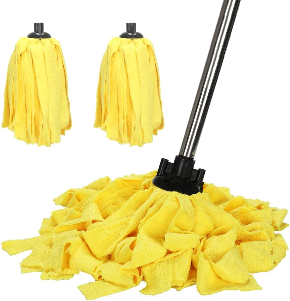 Microfiber Cloth Mop for Floor Cleaning with 2Pcs Replacement Head,Long Handle String Wet Floor Mop for Home,Hardwood,Laminate,Tile,Marble (Yellow)