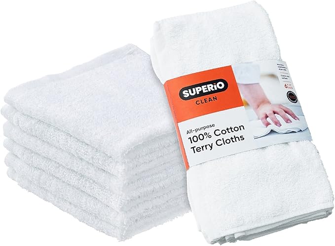 Superio Terry Cloth Rags White Washcloths 100% Cotton 12" Cleaning Cloths by Superio
