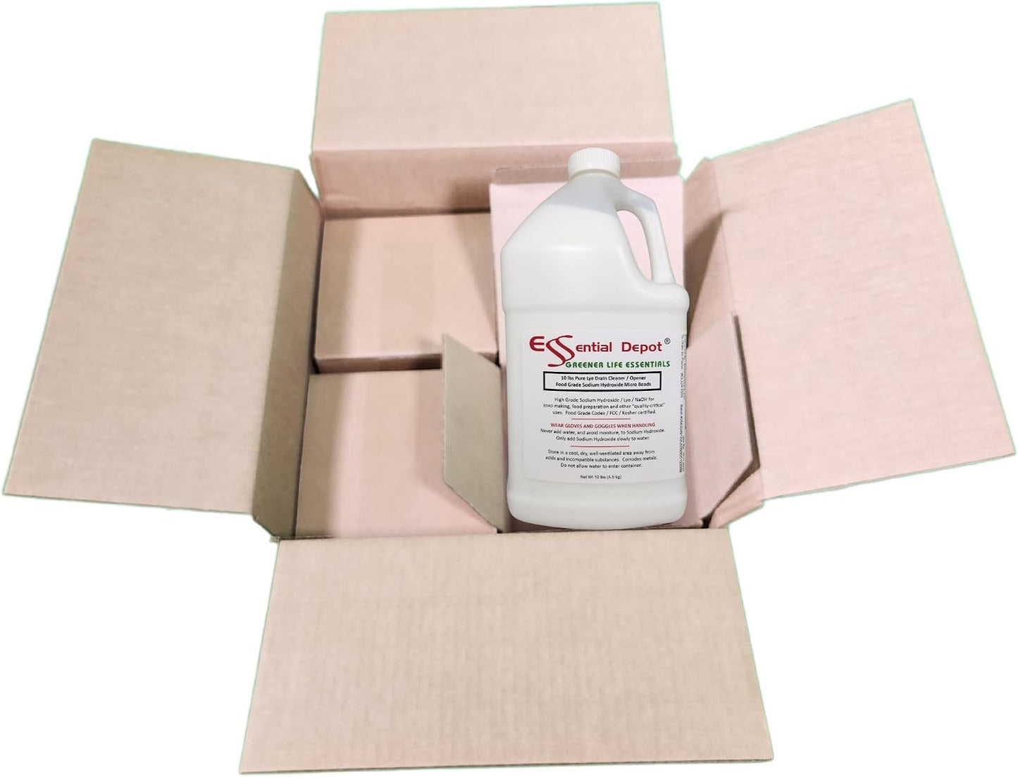 Essential Depot 40 lbs Bottle Food Grade Sodium Hydroxide Lye Evenly-Sized Micro Pels (Beads or Particles) - Lye Drain Cleaner - HDPE Container with Resealable Child Resistant Cap and Handle