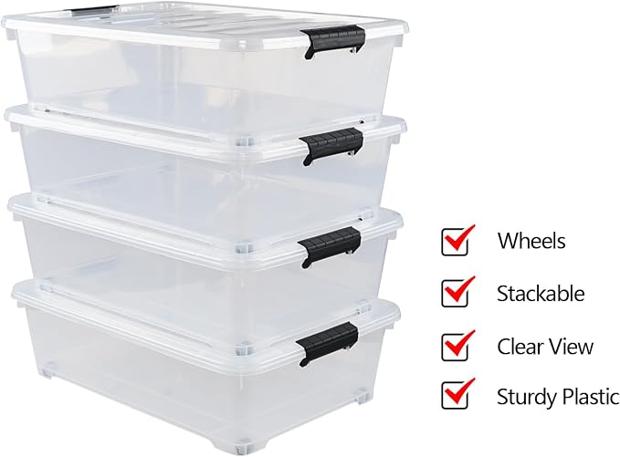 25 L Plastic Sturdy Rolling Under Bed Storage Container Bins, 4 Packs - Image 4