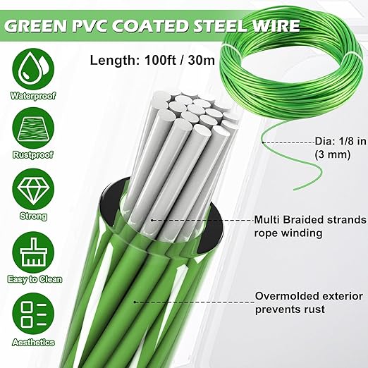 Turnbuckles for Cables Wire, 1/8" X 100Ft Green PVC Coated Wire Rope Kit - Image 3