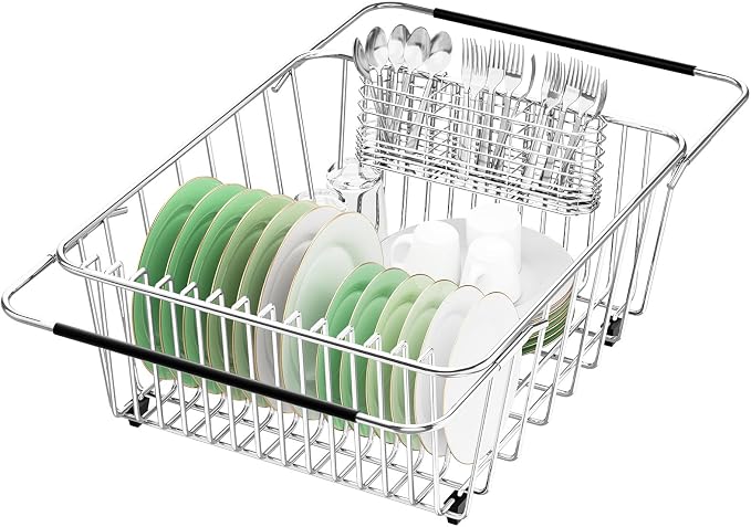Large Sink Dish Drying Rack, Expandable 304 Stainless Steel Metal Dish Drainer by SwetLao