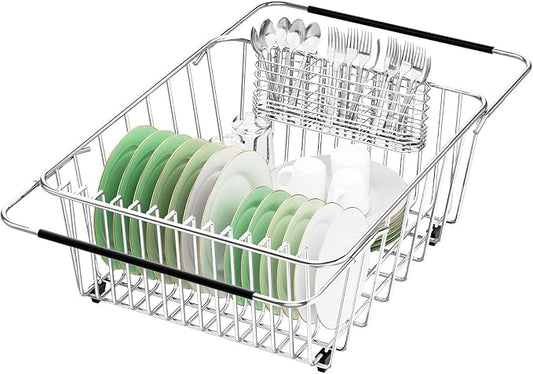 Large Sink Dish Drying Rack, Expandable 304 Stainless Steel Metal Dish Drainer by SwetLao
