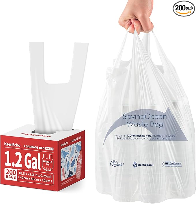 Small Trash Bags with Handles 1.2 Gallon 200 Count White by KeenEcho