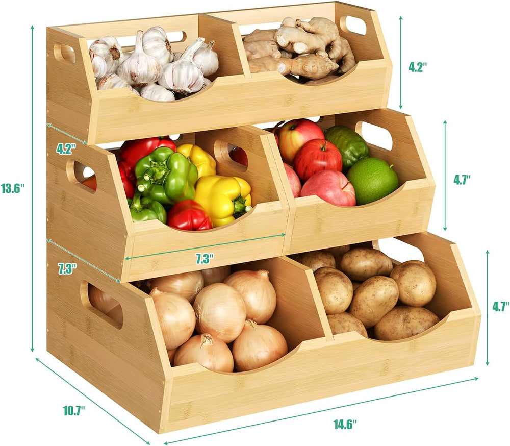 Onion Storage Bins Potato, 3 Tier Bamboo Pantry Storage Bin Stackable Ventila...