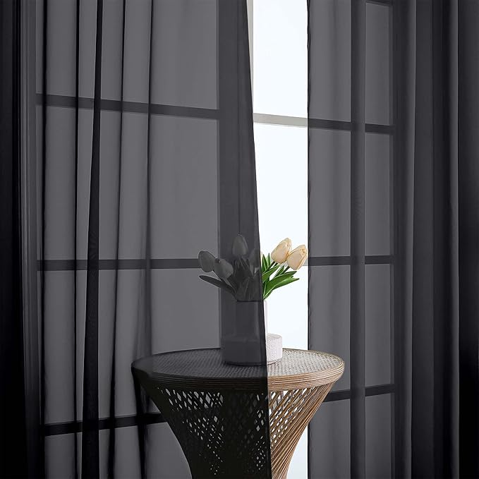 Chyhomenyc Black Sheer Curtains 84 Inches Long 2 Panels, Light Filtering Black - Image 6