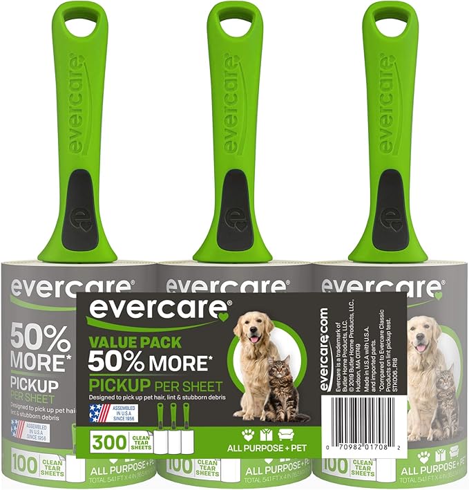 Evercare All Purpose Pet Hair Lint Rollers, 3 Pack, 100 Sheets Each – Reusable by Evercare