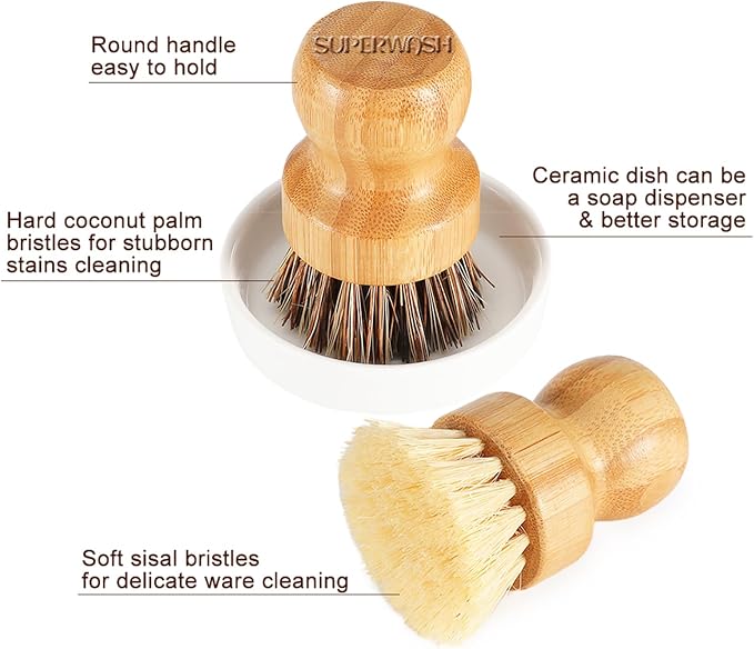 Bamboo Dish Brush with Ceramic Dish, Natural Bristle Palm Brush Pot Scrubber - Image 6