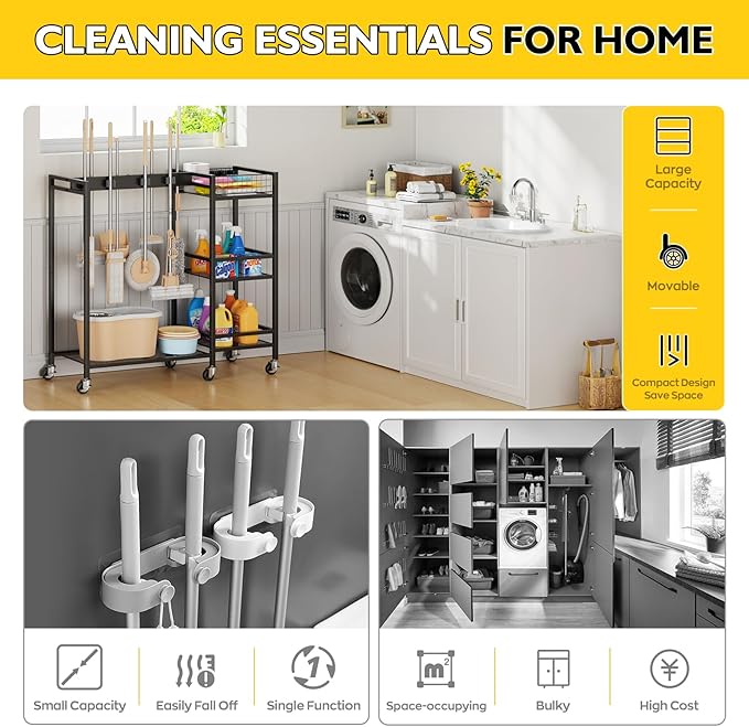 Broom Holder with Cleaning Supplies Organizer, Movable Broom Closet Storage - Image 7
