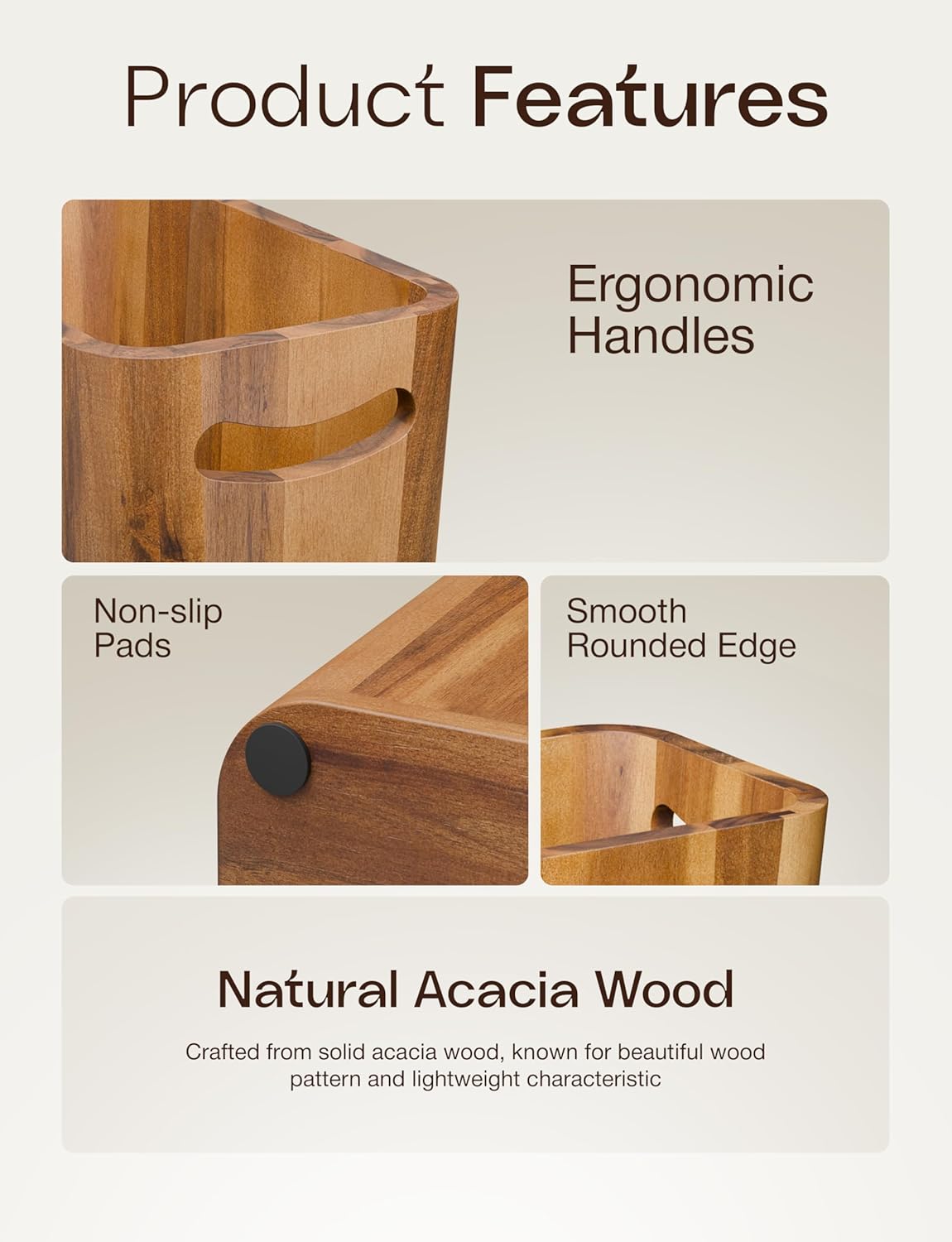 Tidita Acacia Wood Waste Basket with Handle, 3 Gallon for Bathroom, Bedroom | Acacia Wood, Rustic Style, Open-Top, Integrated Handles, Space-Saving, No Assembly, Multi-Purpose Storage for Bedroom, Office