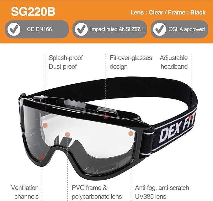 DEX FIT Protective Safety Goggles SG220B; Anti Fog & Scratch, Z87 Eye Protection - Image 2