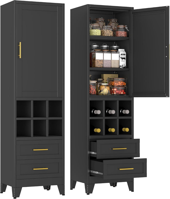 67" Tall Metal Pantry Cabinet, Narrow Freestanding Storage Cabinet, Black