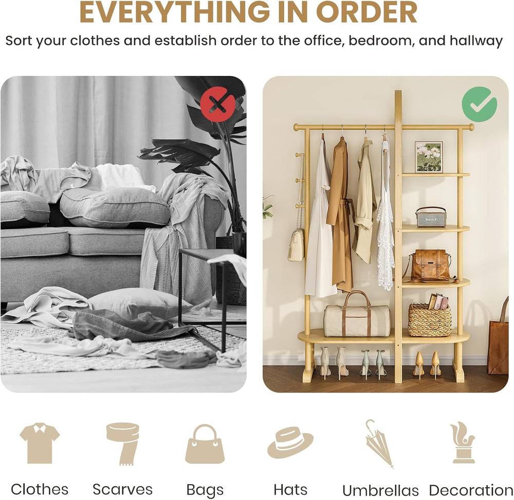 41.3" Wide 3-in-1 Freestanding Clothing Rack, Wooden Coat Rack with 4 Sh...
