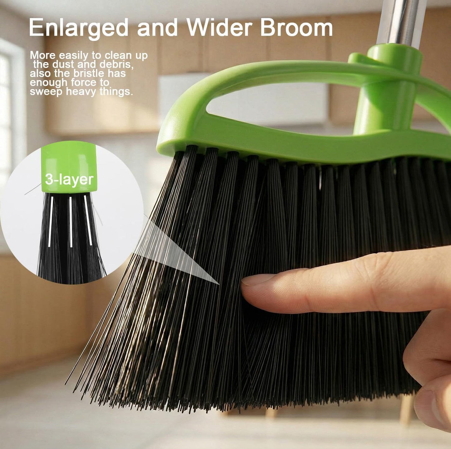 Soft Bristles Green Angle Broom with Long Handle Indoor Sweeping Broom for Home Kitchen Hardwood Floor Cleaning