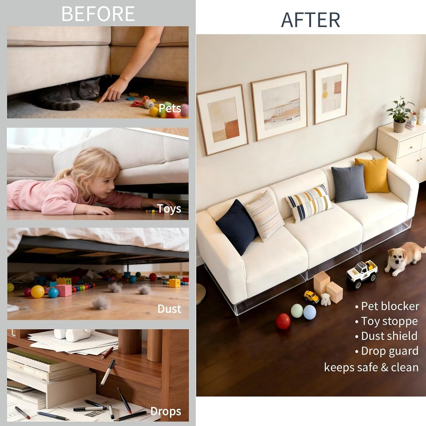 Under Couch Blocker 12-Pack, 15.8" L x 1.6" H, Total 190" L | Clear, Adjustable Gap Bumper, Keeps Kids' & Pets' Toys From Going Under Sofa and Bed