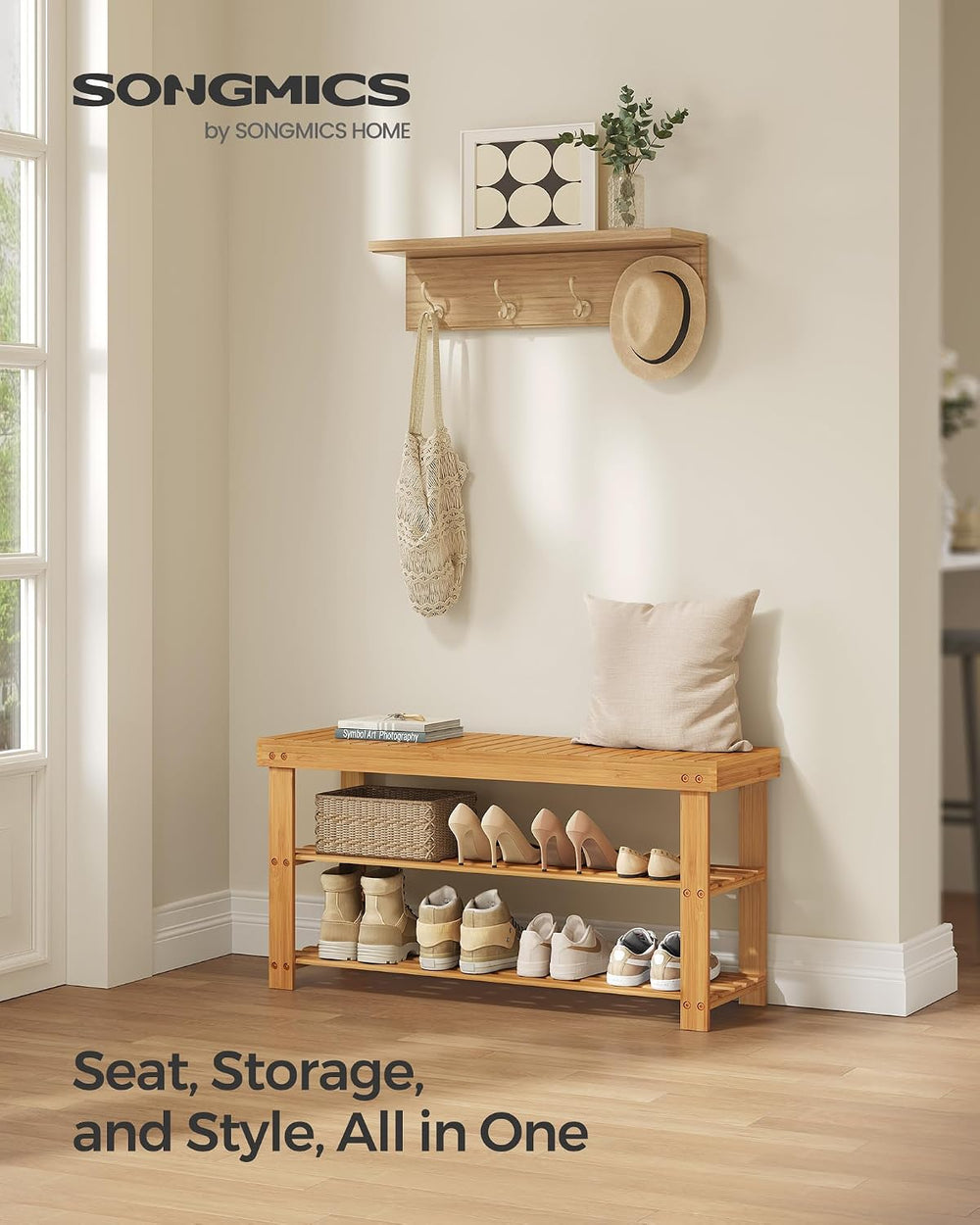 SONGMICS Shoe Rack Bench, 3-Tier Bamboo Entryway Bench, 35.4 Inches Width