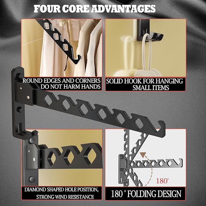 Dr.DJ Wall Mount Coat Hanger Holder Black Clothes Drying Organizer Rack Garment - Image 5