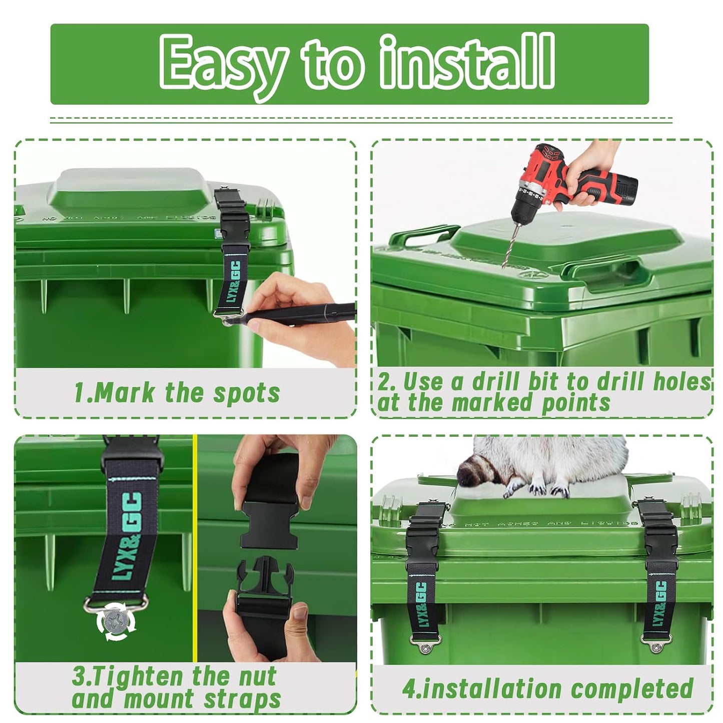 LYX&GC Trash Can Locks for Animals, Raccoon Bear Proof Trash Can Lock, Easy to Install, Long Lasting Strap Lid Garbage Can Lock for Out Door Garbage Can - 2PCS