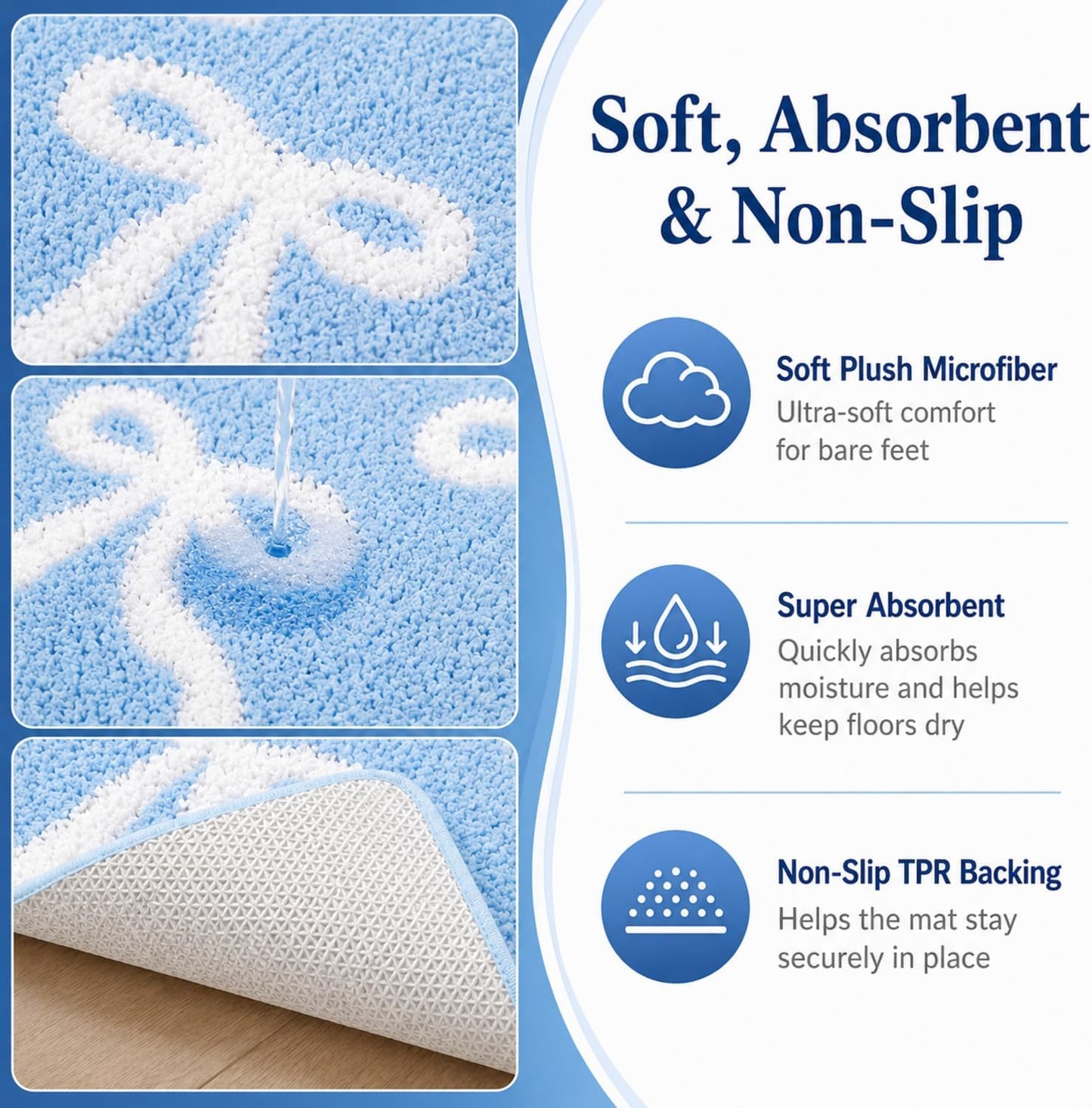 Tinideya Blue Bow Bathroom Rug 20 x 32 Inch Coquette Bath Mat Non Slip Absorbent Microfiber Floor Mat Machine Washable Cute Bow Rug for College Dorm Vanity Bedroom Bathroom Decor