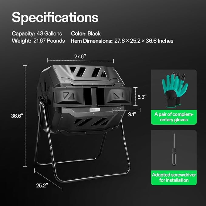 VIVOSUN Outdoor Tumbling Composter Dual Rotating Batch Compost Bin, 43 Gallon - Image 8