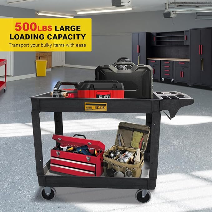 Utility Service Cart, 2-Shelf 500LBS Heavy Duty Plastic Rolling Utility Cart - Image 4
