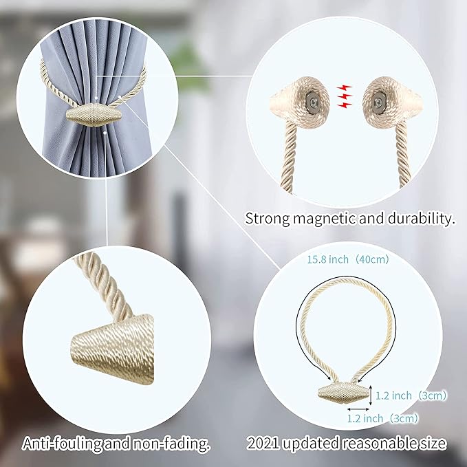 Hion Magnetic Curtain Tiebacks Beige 2pcs, Curtain Tiebacks Buckles Holdbacks - Image 3