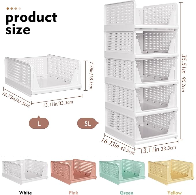 SNSLXH 5 Pack Stackable Closet Storage Basket, Space-Saving Clothes Storage - Image 2