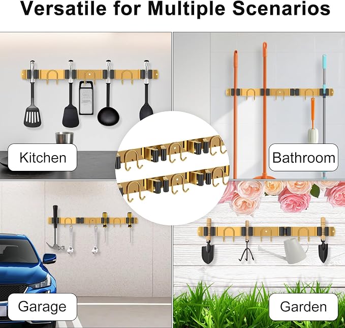 Mop Broom Holder Wall Mount, 2 Packs Gold Stainless Steel Tool Storage Organizer - Image 8