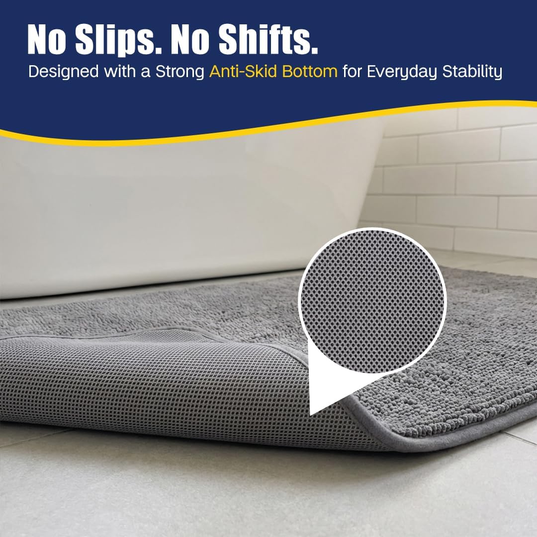 Muddy Mat® CloudStep Bathroom Rugs, Non Slip Bath Mats for Bathroom, Super Absorbent Memory Foam Chenille, Quick Dry Machine Washable Thick Toilet Rug for Shower Tub and Floor, Grey 18" x 28"