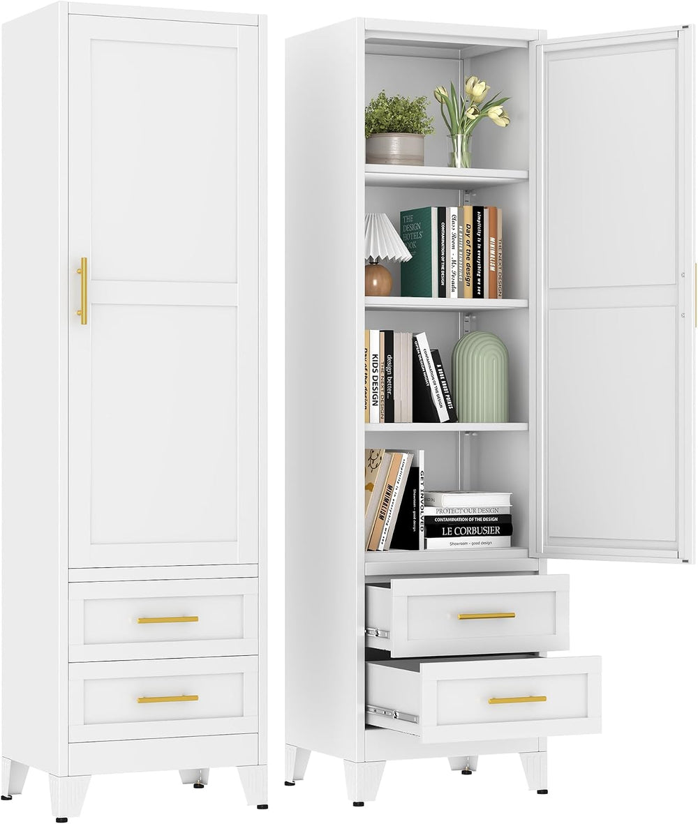 67" Tall Narrow Metal Storage Cabinet, Freestanding Pantry Organizer, White