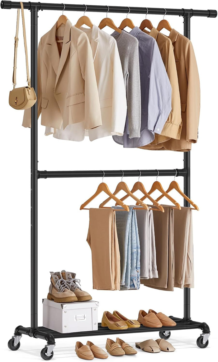 SONGMICS Heavy-Duty Clothes Rack, Double-Rod, Metal Frame on Wheels