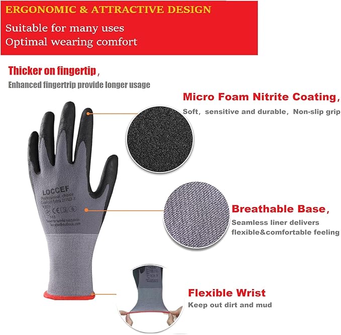 LOCCEF Safety Work Gloves MicroFoam Nitrile Coated-12 Pairs, Seamless Knit - Image 2