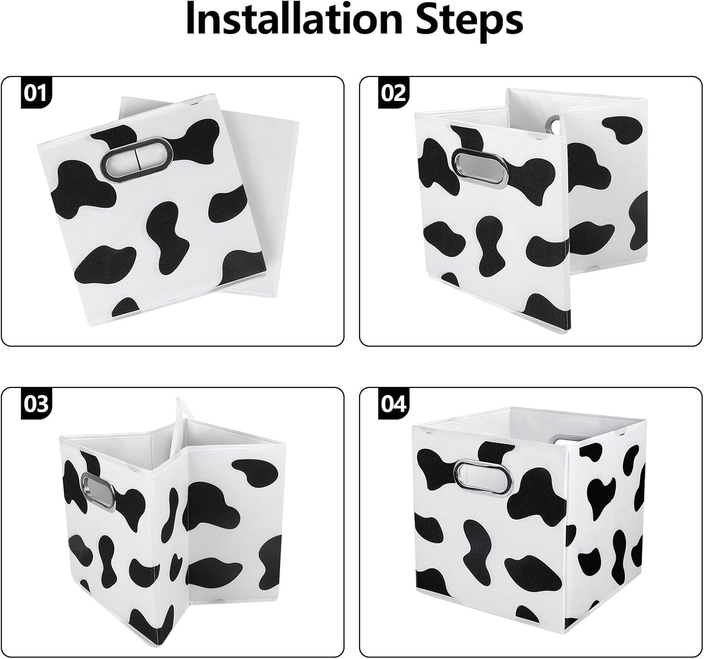 ANMINY Cow Print Cube Storage Bins with Handles, Washable, Collapsible | Cotton Linen Fabric, PP Plastic Board, Animal Print Decor, Storage Basket for Closet Shelf, 11 x 11 x 11 Inch, 8PCS
