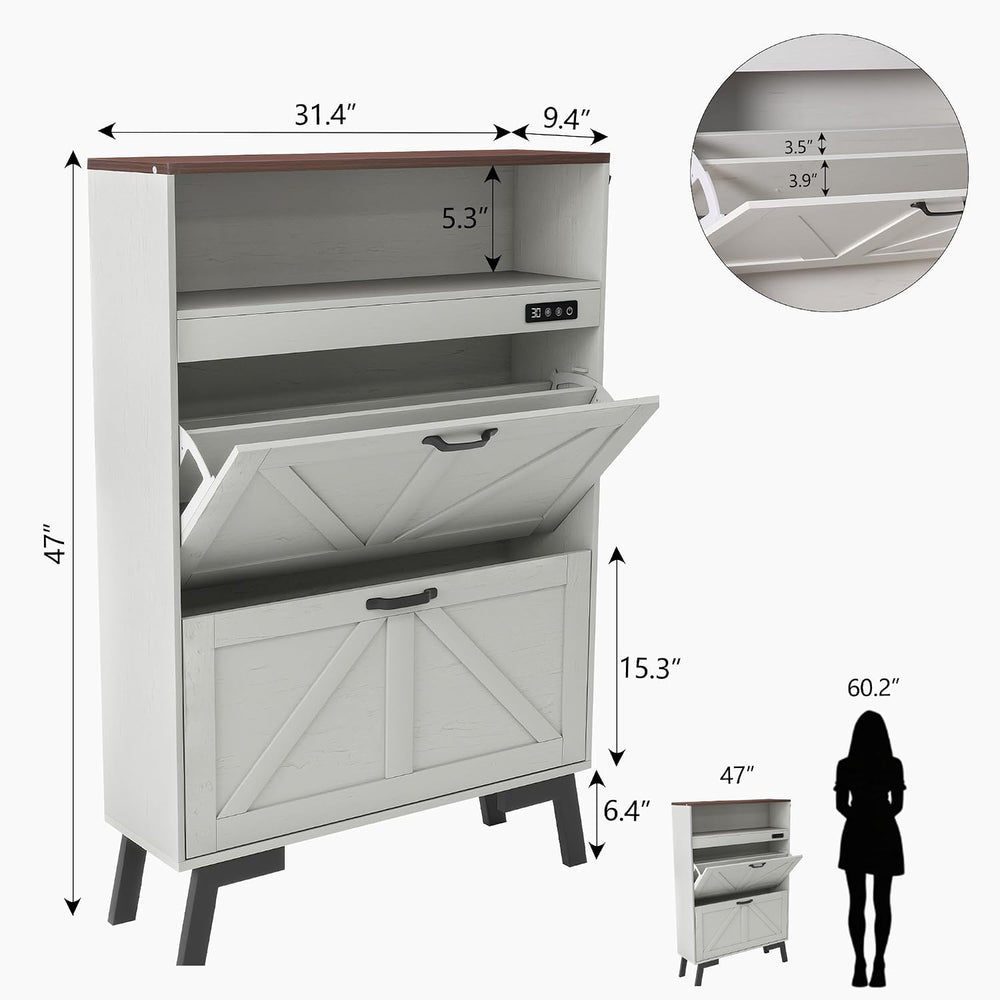 Shoe Cabinet with Deodorizer, Narrow White Entryway Storage, Anti-Tip