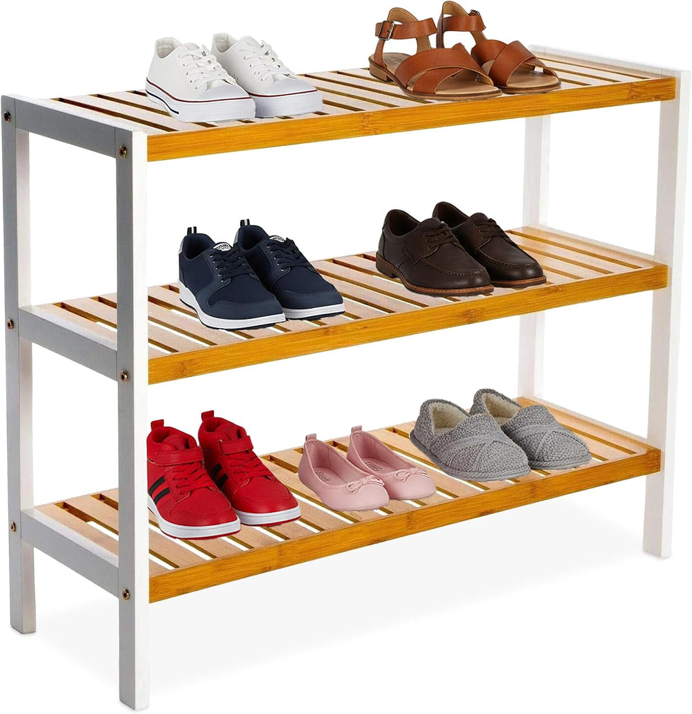 Relaxdays Shoe Rack, H 55 x W 70 x D 26 cm, Bamboo, 3 Levels, 9 Pairs of Shoe...