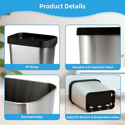 2 Pack Stainless Steel Trash Can 3 Gallon, Open Top Trash Can, Rectangle - Image 5