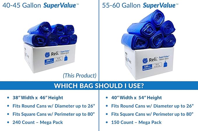 Reli. SuperValue 40-45 Gallon Recycling Bags | 200 Count | Blue Trash Bags | - Image 8