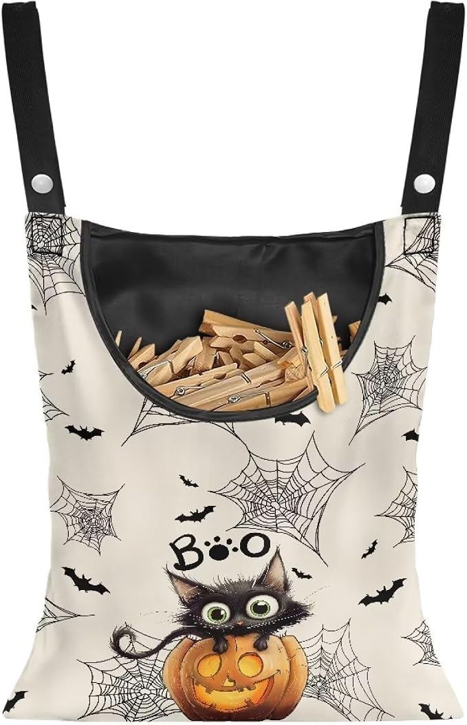 Cute Cat Space-Saving Laundry Clothespin Bag Pumpkin Waterproof Polyester by CREAMIC