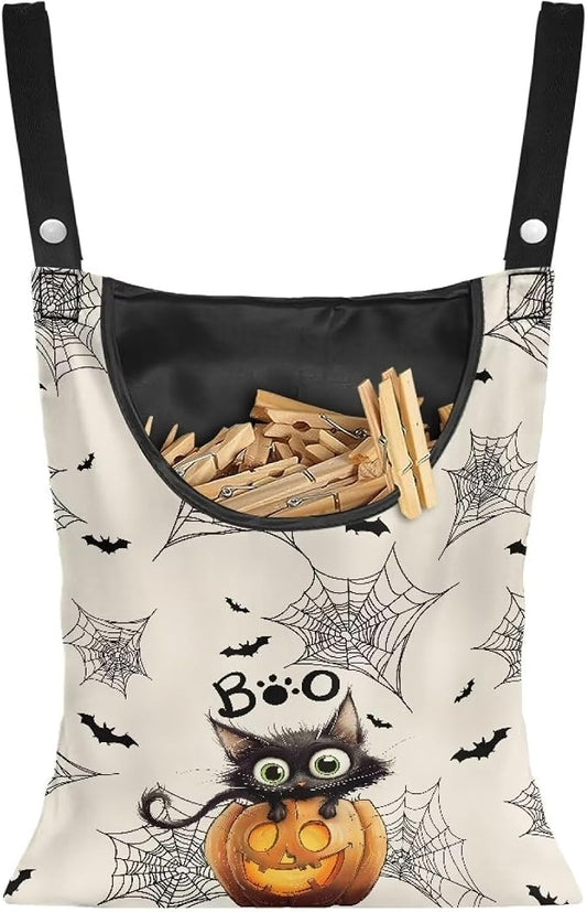 Cute Cat Space-Saving Laundry Clothespin Bag Pumpkin Waterproof Polyester by CREAMIC
